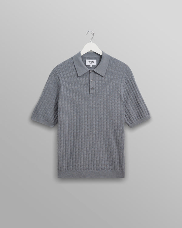 wax london men's Naples - Grey Blue Diamond Stripe Knitted Polo