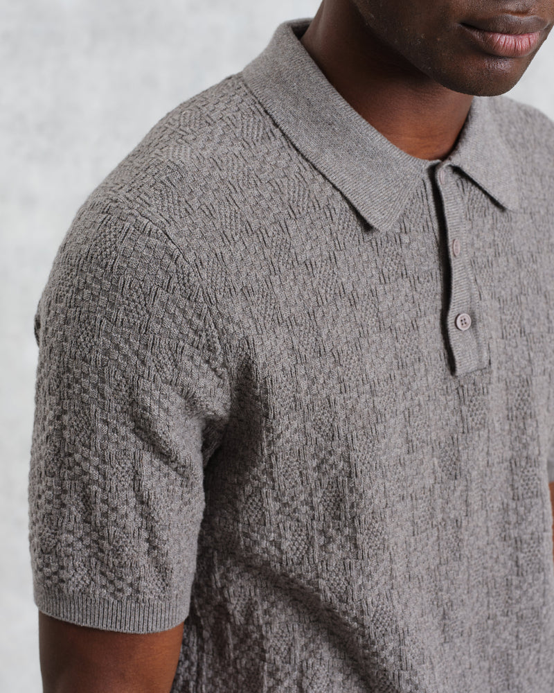 wax london Naples - Grey Marl Textured-Check Knitted Polo Shirt