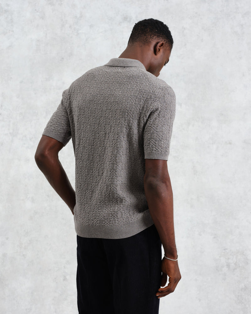 wax london Naples - Grey Marl Textured-Check Knitted Polo Shirt