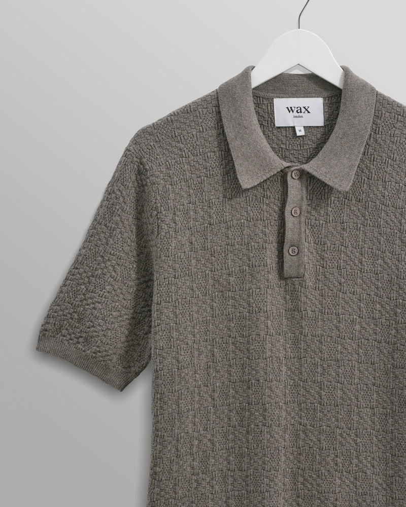 wax london Naples - Grey Marl Textured-Check Knitted Polo Shirt