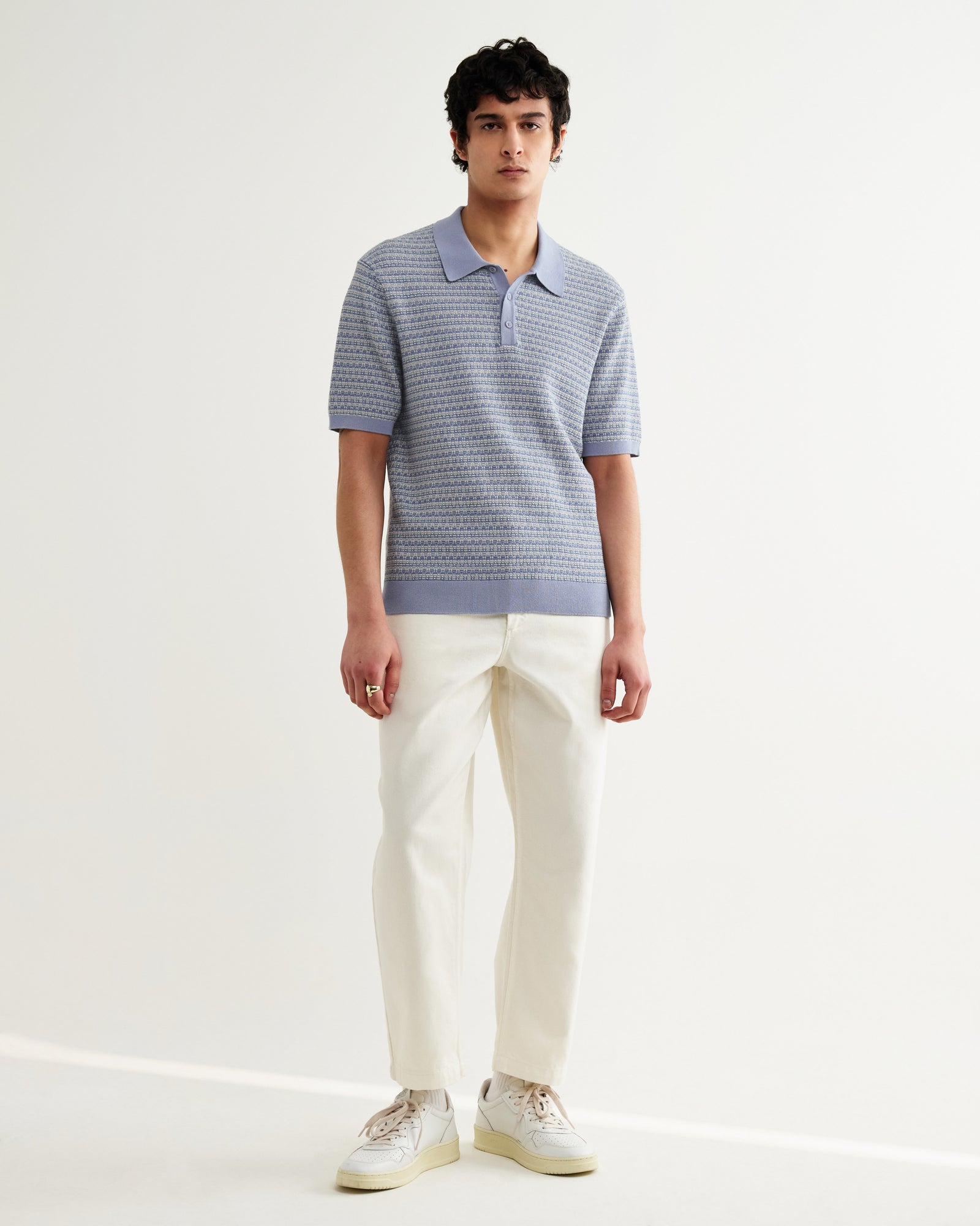 Men's Light Blue Mini Geometric Knitted Polo | Wax London