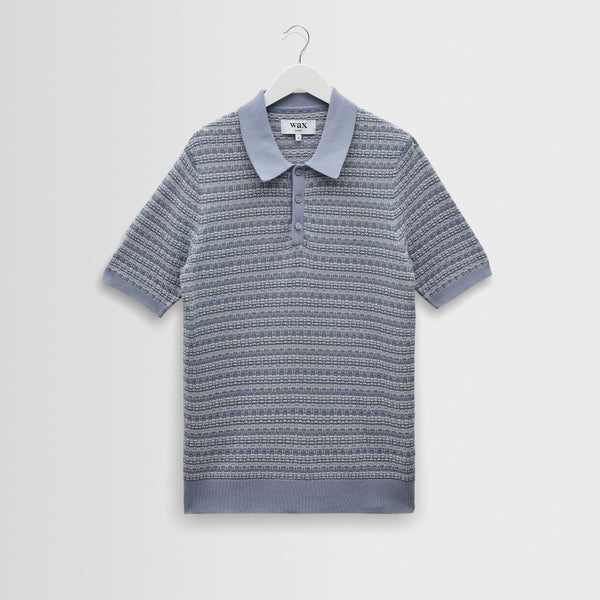 fig london ニットポロ　SHEER knit polo Men's Light Blue Mini Geometric Knitted Polo | Wax London
