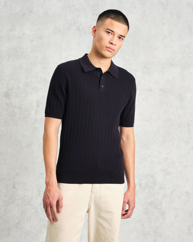 wax london Naples - Midnight Navy Textured Knitted Polo Shirt