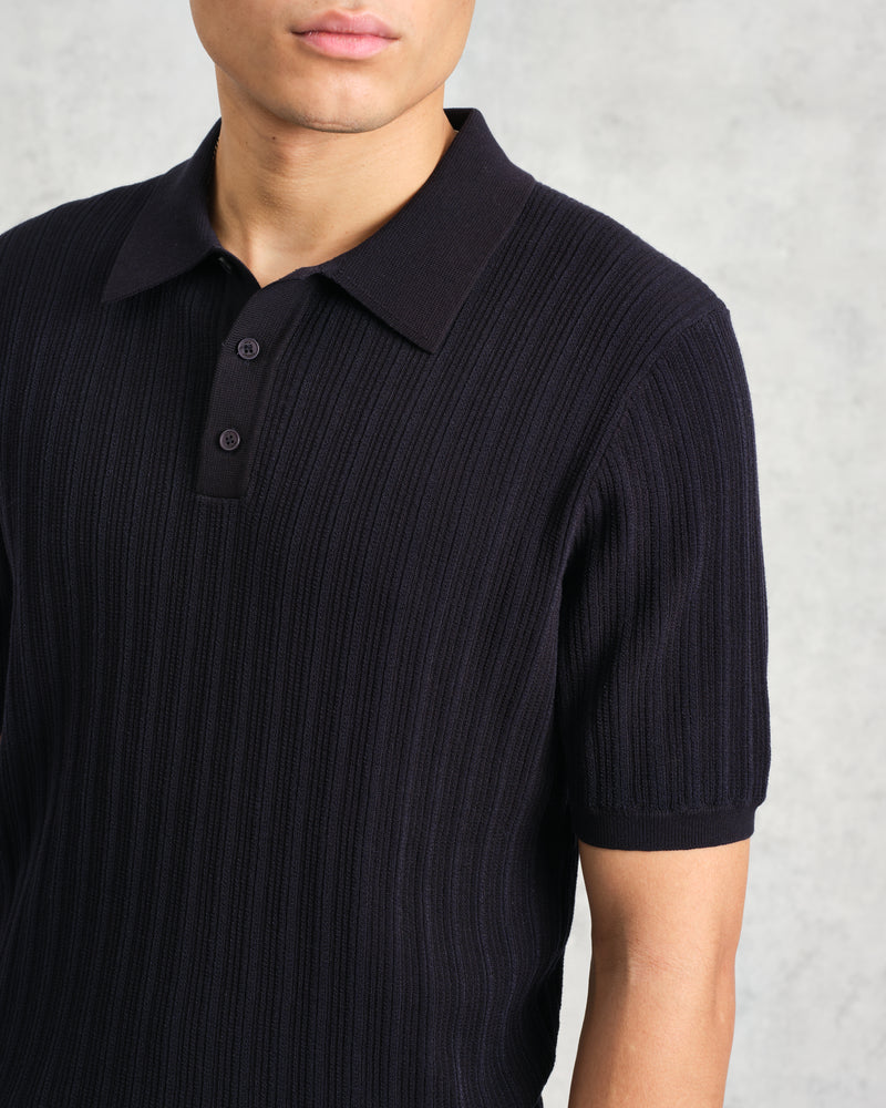 wax london Naples - Midnight Navy Textured Knitted Polo Shirt