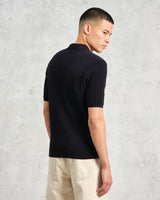 wax london Naples - Midnight Navy Textured Knitted Polo Shirt