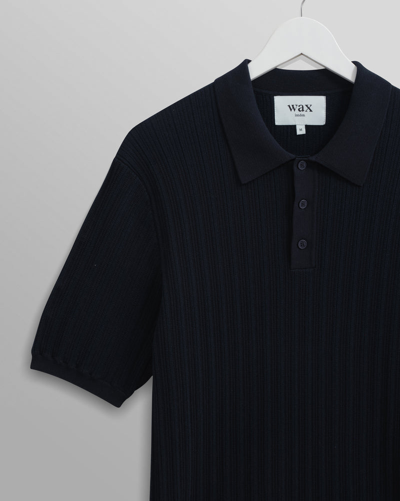 wax london Naples - Midnight Navy Textured Knitted Polo Shirt