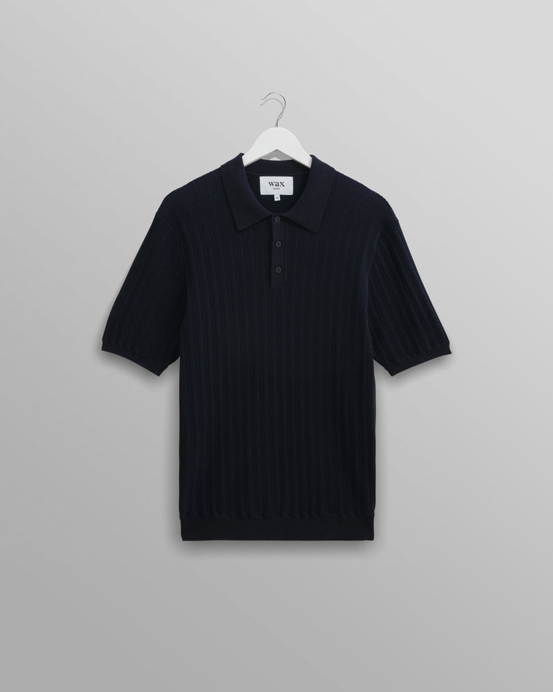 wax london Naples - Midnight Navy Textured Knitted Polo Shirt