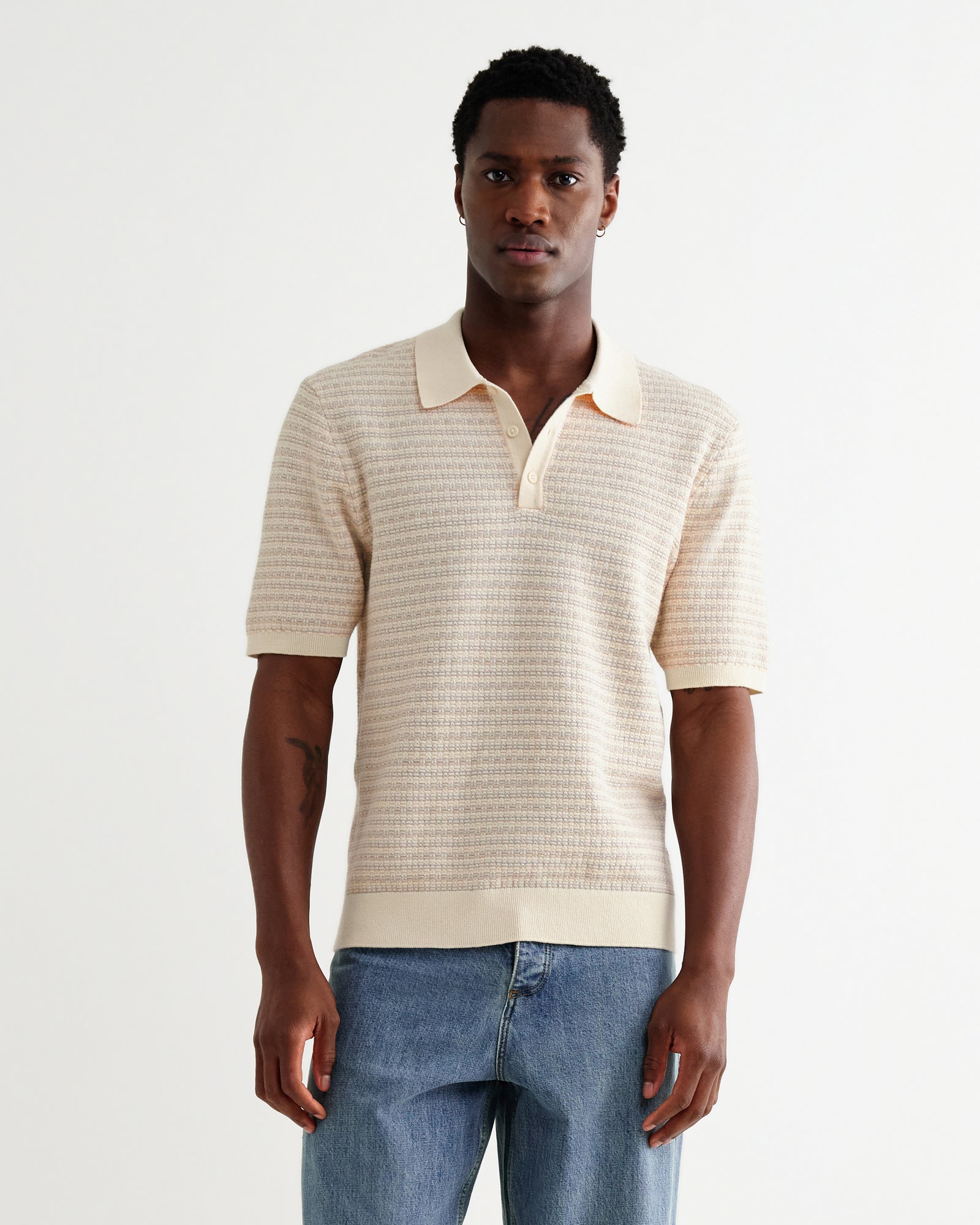 Men's Natural Mini Geometric Knitted Polo | Wax London