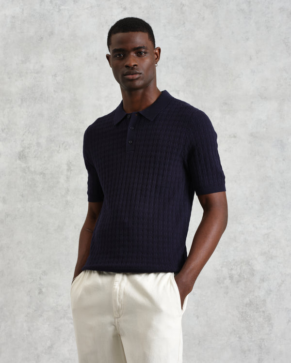 wax london men's Naples - Navy Diamond Stripe Knitted Polo