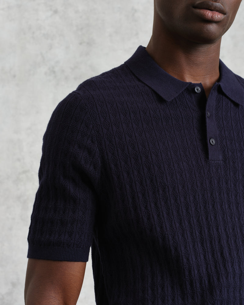 wax london men's Naples - Navy Diamond Stripe Knitted Polo