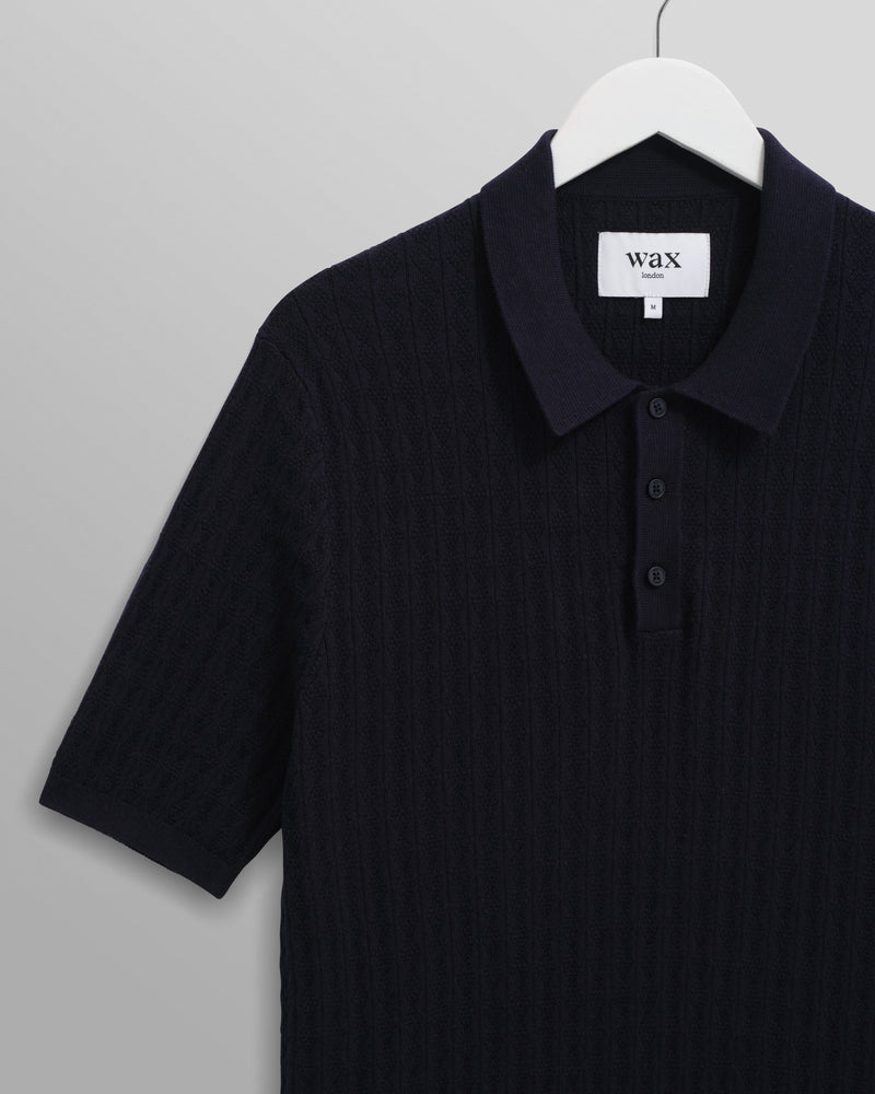 wax london men's Naples - Navy Diamond Stripe Knitted Polo