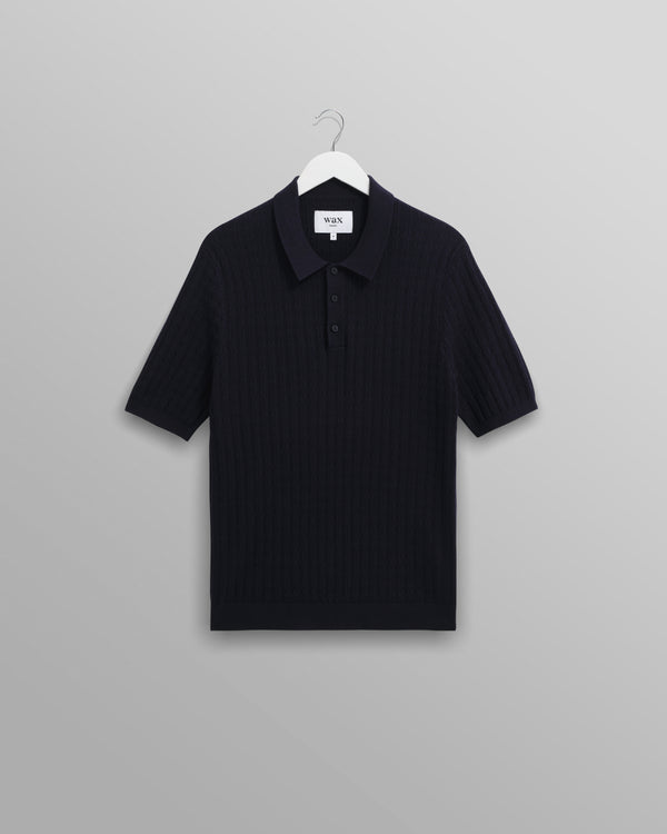 wax london men's Naples - Navy Diamond Stripe Knitted Polo