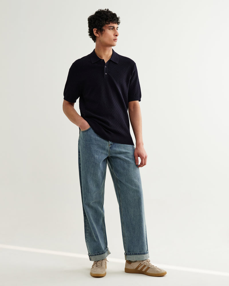 Men's Navy Retro Diamond Knitted Polo | Wax London