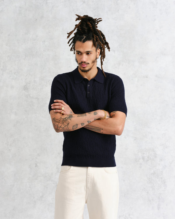 wax london Naples - Navy Textured-Check Knitted Polo Shirt