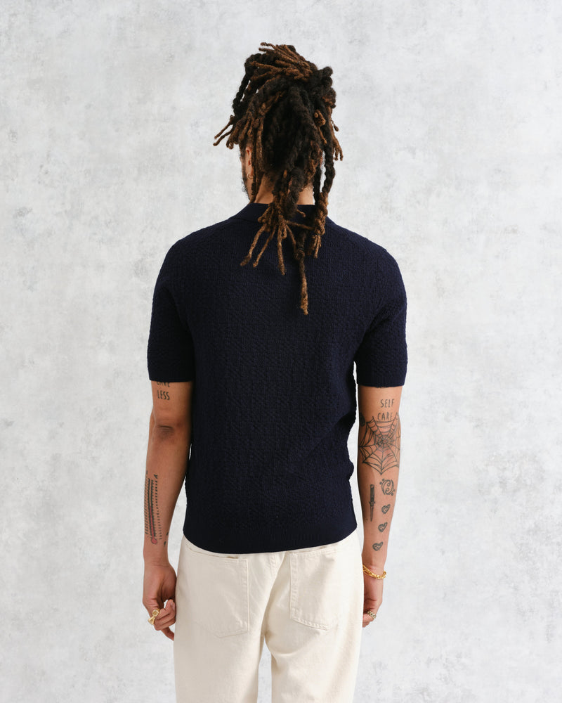 wax london Naples - Navy Textured-Check Knitted Polo Shirt