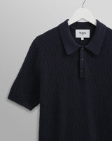 wax london Naples - Navy Textured-Check Knitted Polo Shirt