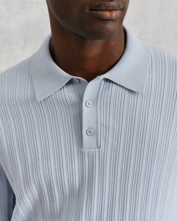 wax london men's Naples - Pale Blue Textured Knitted Polo Shirt