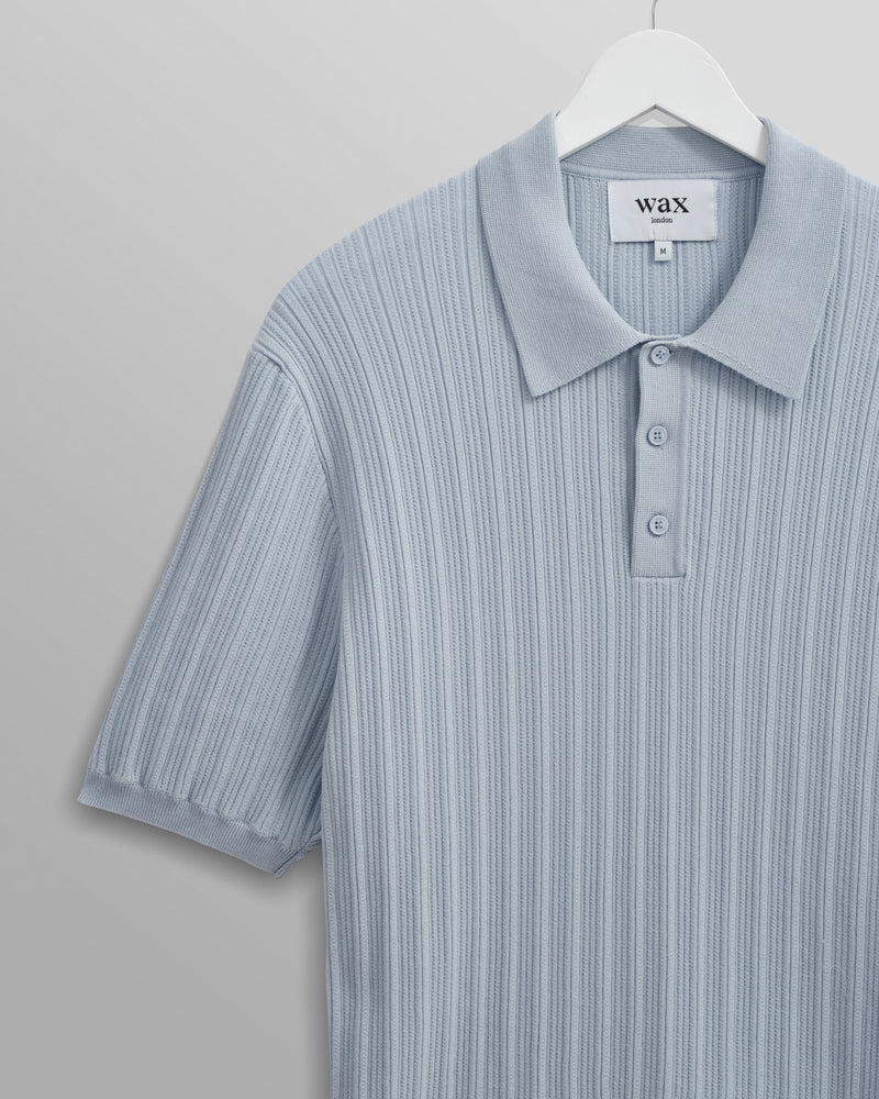 wax london men's Naples - Pale Blue Textured Knitted Polo Shirt