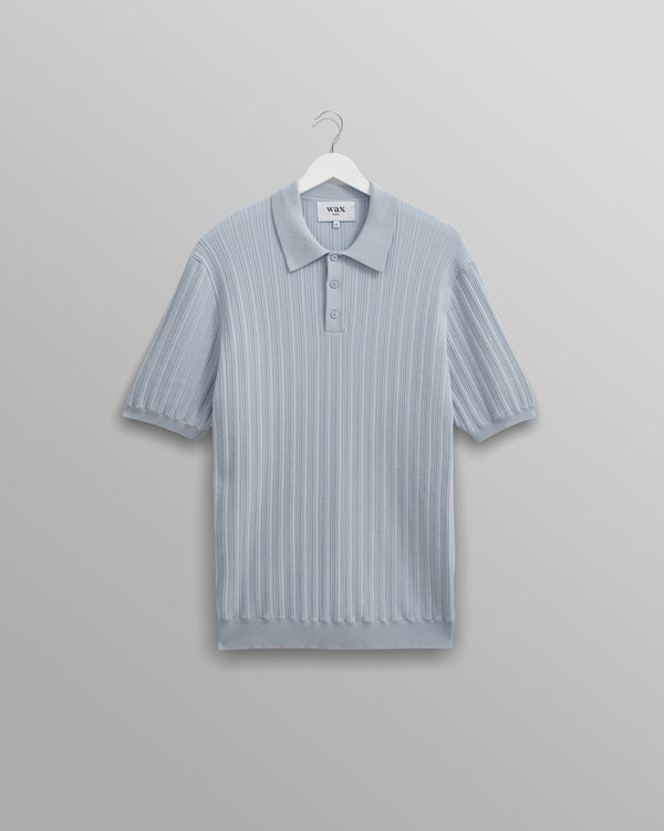 wax london men's Naples - Pale Blue Textured Knitted Polo Shirt