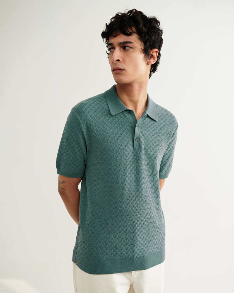 Men's Sea Green Retro Diamond Knitted Polo | Wax London