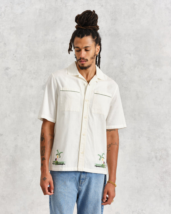 wax london Newton - Ecru Paradise Stitch Short Sleeve Shirt