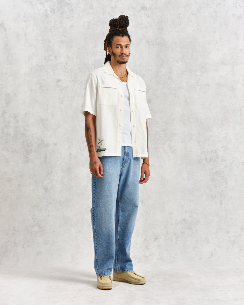 wax london Newton - Ecru Paradise Stitch Short Sleeve Shirt