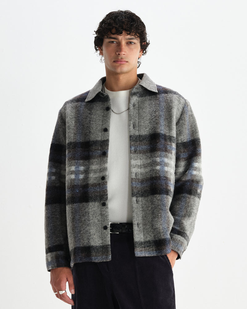 Men's Grey And Blue Check Italian Wool Overshirt | Wax London