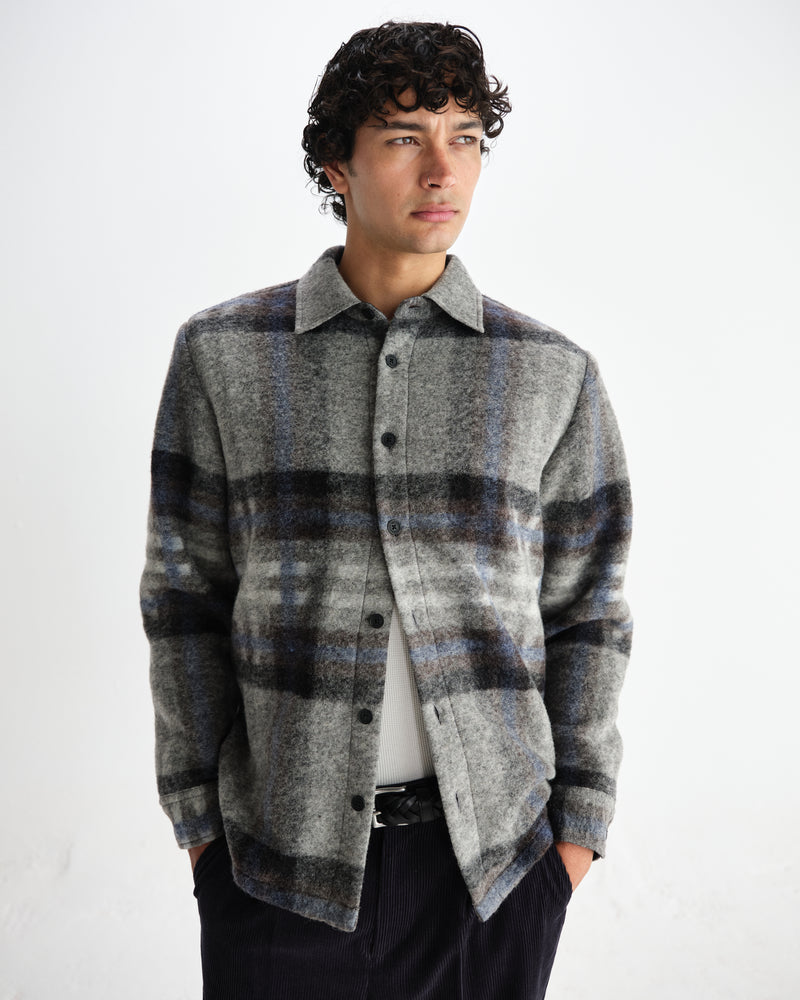 wax london men's Nolan - Grey And Blue Check Wool Overshirt