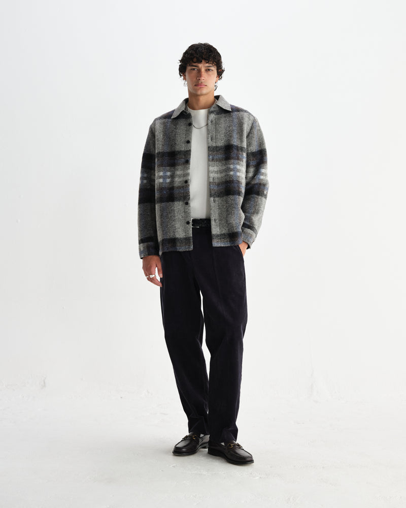 wax london men's Nolan - Grey And Blue Check Wool Overshirt