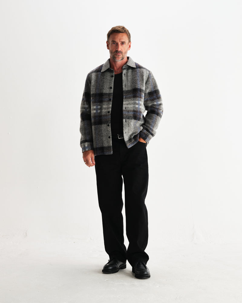 wax london men's Nolan - Grey And Blue Check Wool Overshirt