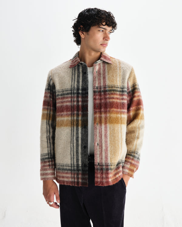 wax london men's Nolan - Natural And Multicolour Check Wool Overshirt