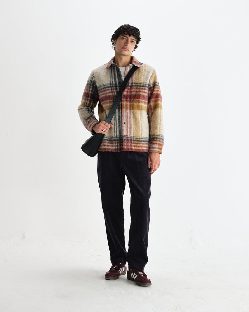 wax london men's Nolan - Natural And Multicolour Check Wool Overshirt