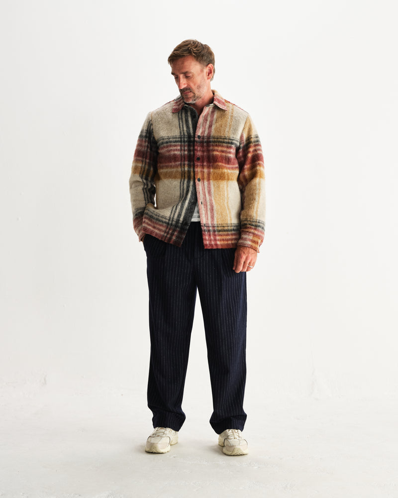 wax london men's Nolan - Natural And Multicolour Check Wool Overshirt