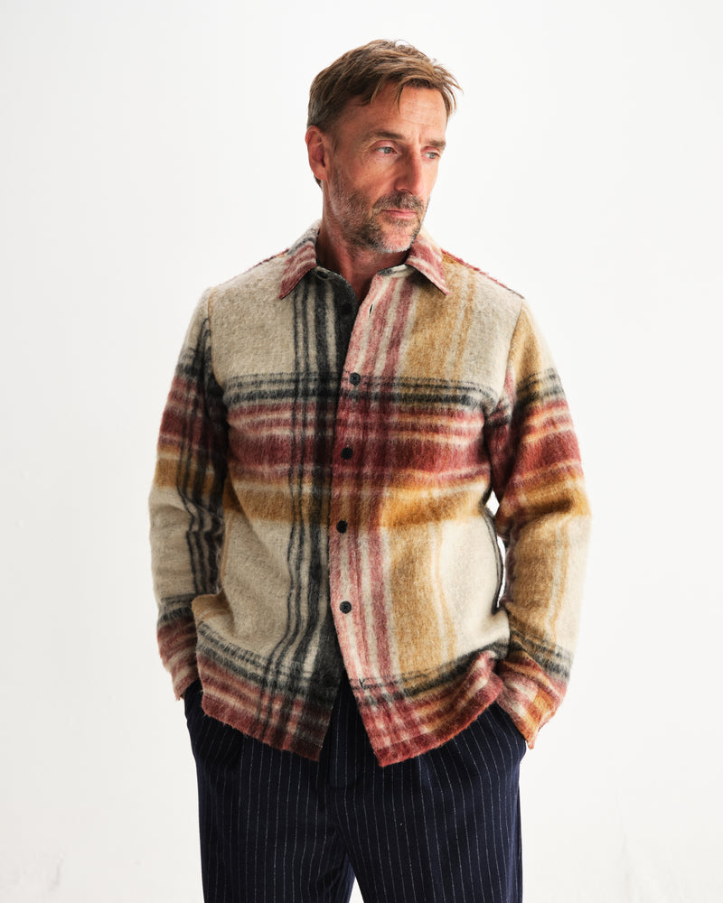 wax london men's Nolan - Natural And Multicolour Check Wool Overshirt