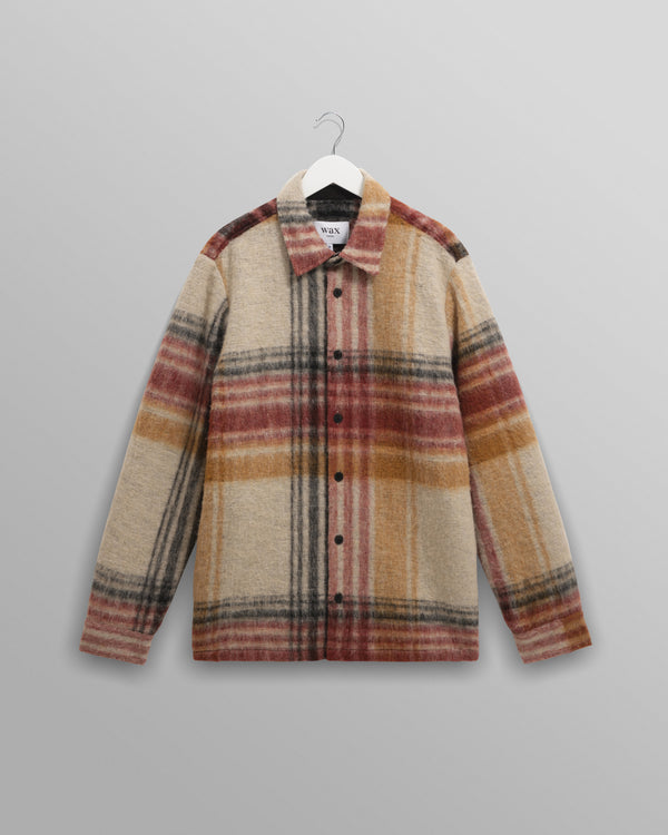 wax london men's Nolan - Natural And Multicolour Check Wool Overshirt