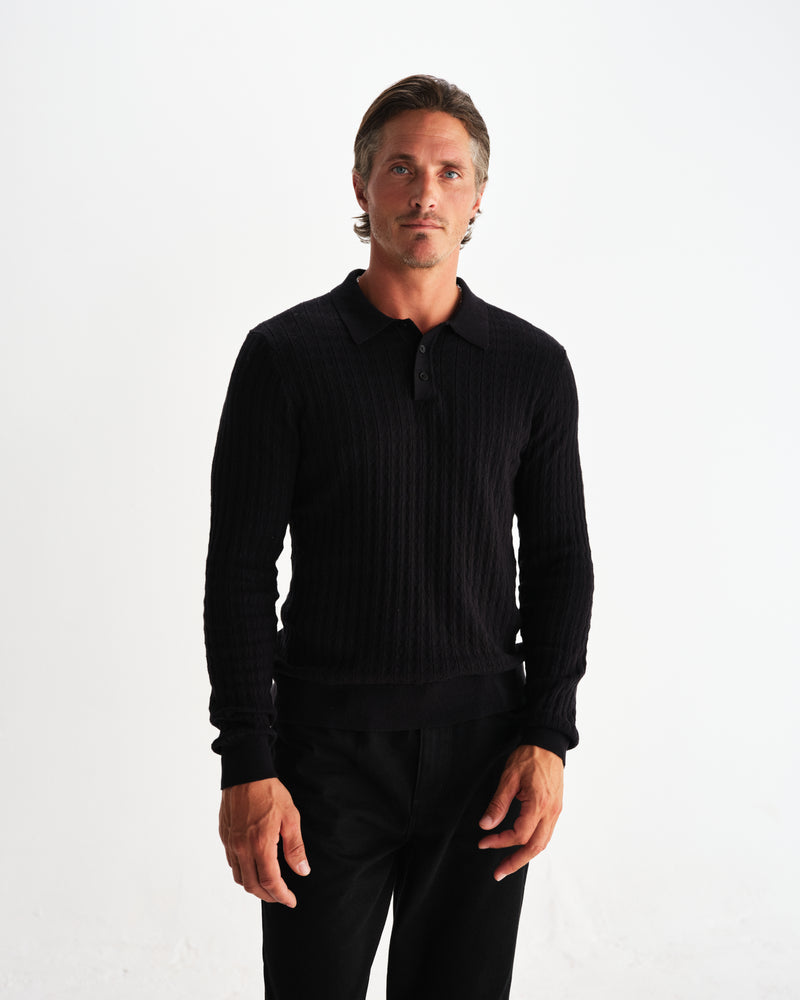 wax london men's Oban - Black Diamond Stripe Knitted Polo
