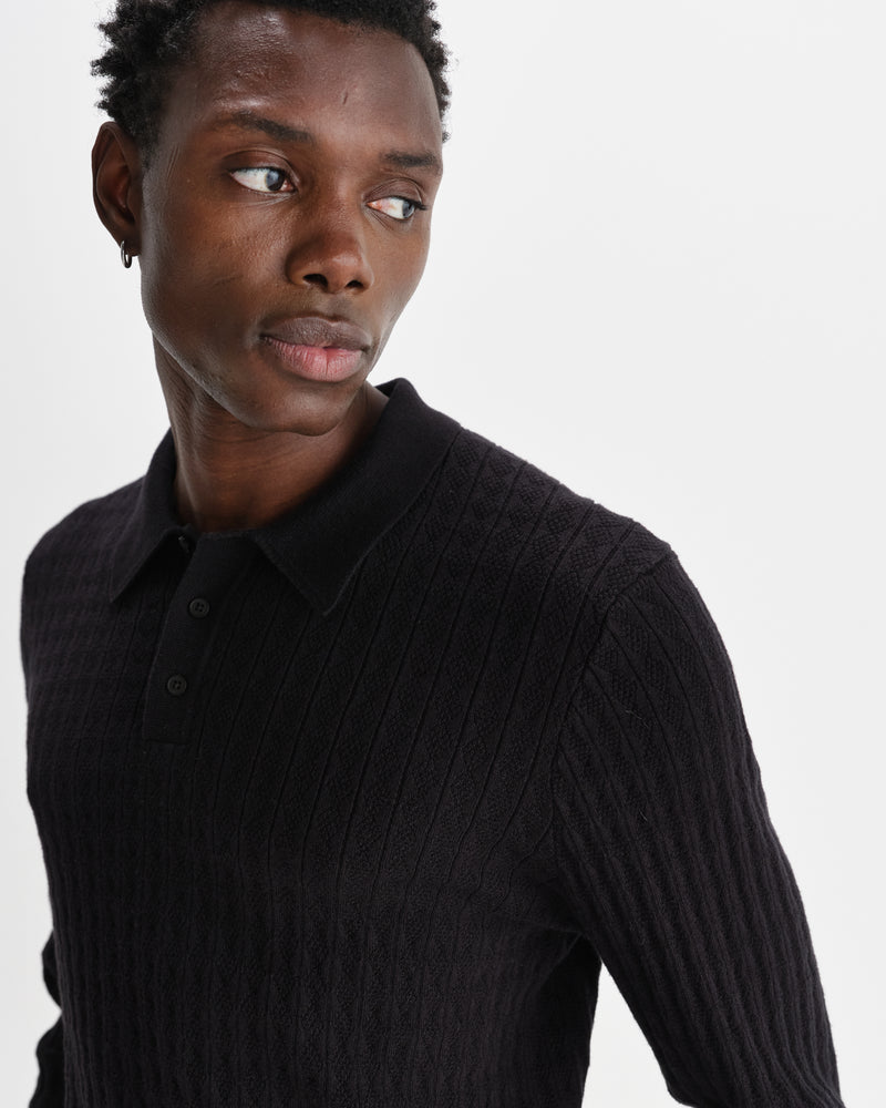 wax london men's Oban - Black Diamond Stripe Knitted Polo