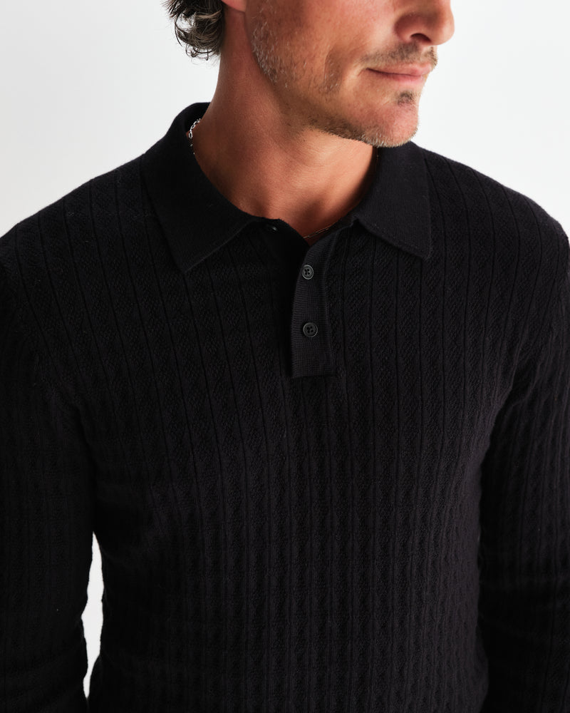 wax london men's Oban - Black Diamond Stripe Knitted Polo
