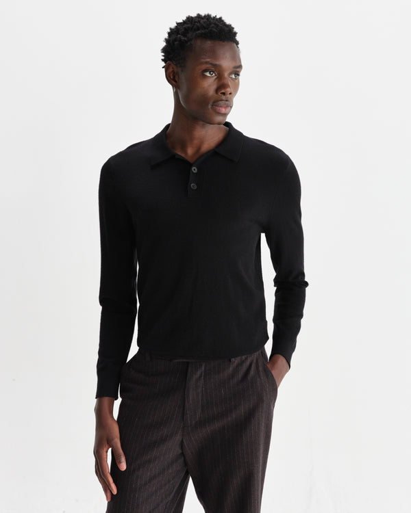 wax london men's Oban - Black Worsted Wool Knitted Polo