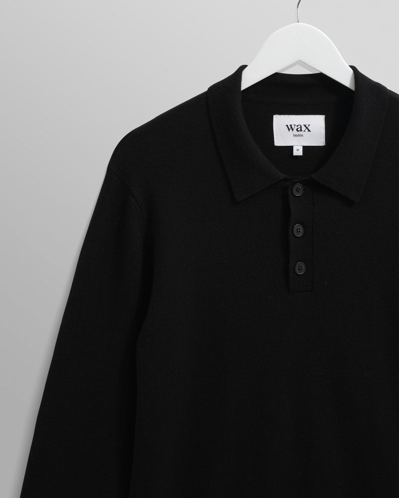 wax london men's Oban - Black Worsted Wool Knitted Polo