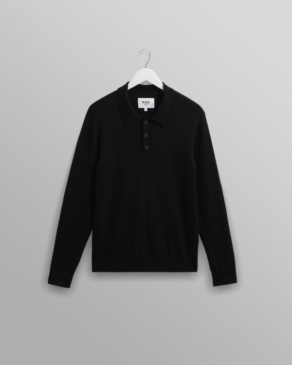 wax london men's Oban - Black Worsted Wool Knitted Polo