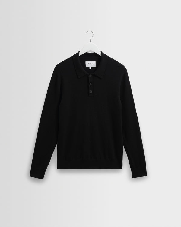 wax london men's Oban - Black Worsted Wool Knitted Polo