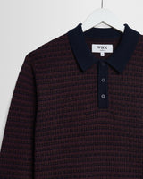 wax london men's Oban - Brown And Navy Geometric Long-Sleeve Knitted Polo
