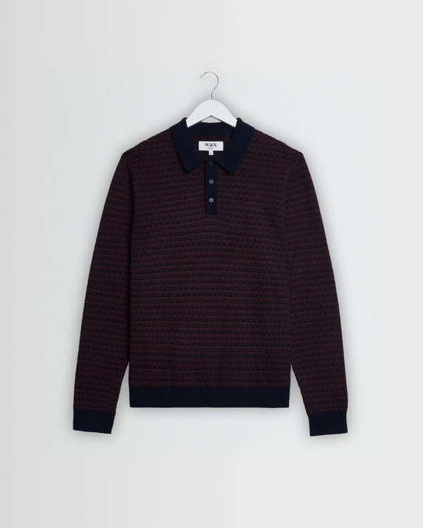 wax london men's Oban - Brown And Navy Geometric Long-Sleeve Knitted Polo