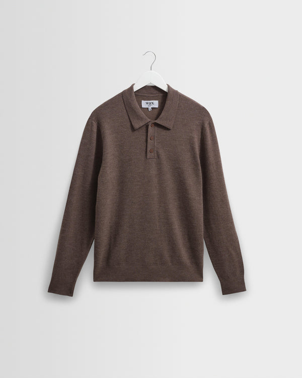 wax london men's Oban - Brown Marl Worsted Wool Knitted Polo