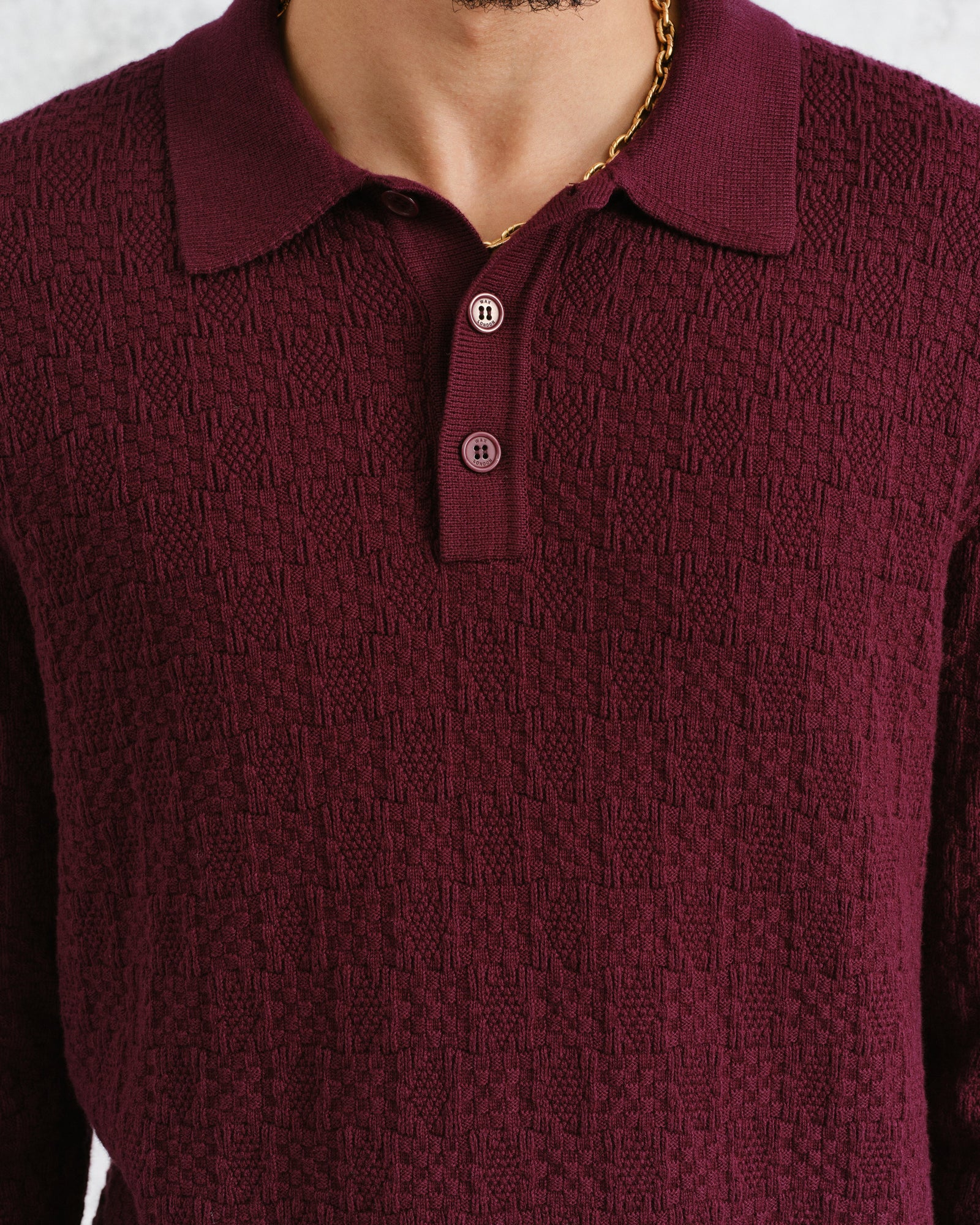 Oban Burgundy Textured Check Knitted Long Sleeve Polo Shirt