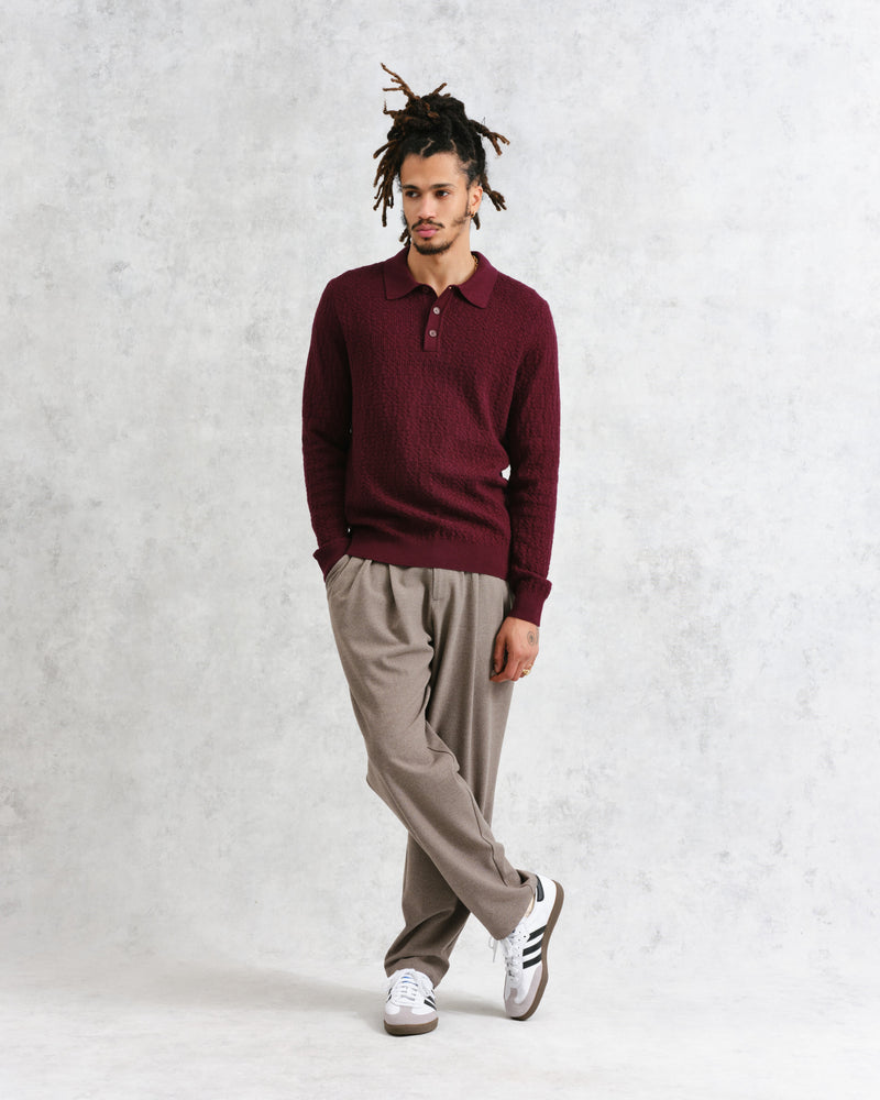 wax london Oban - Burgundy Textured-Check Knitted Long Sleeve Polo Shirt