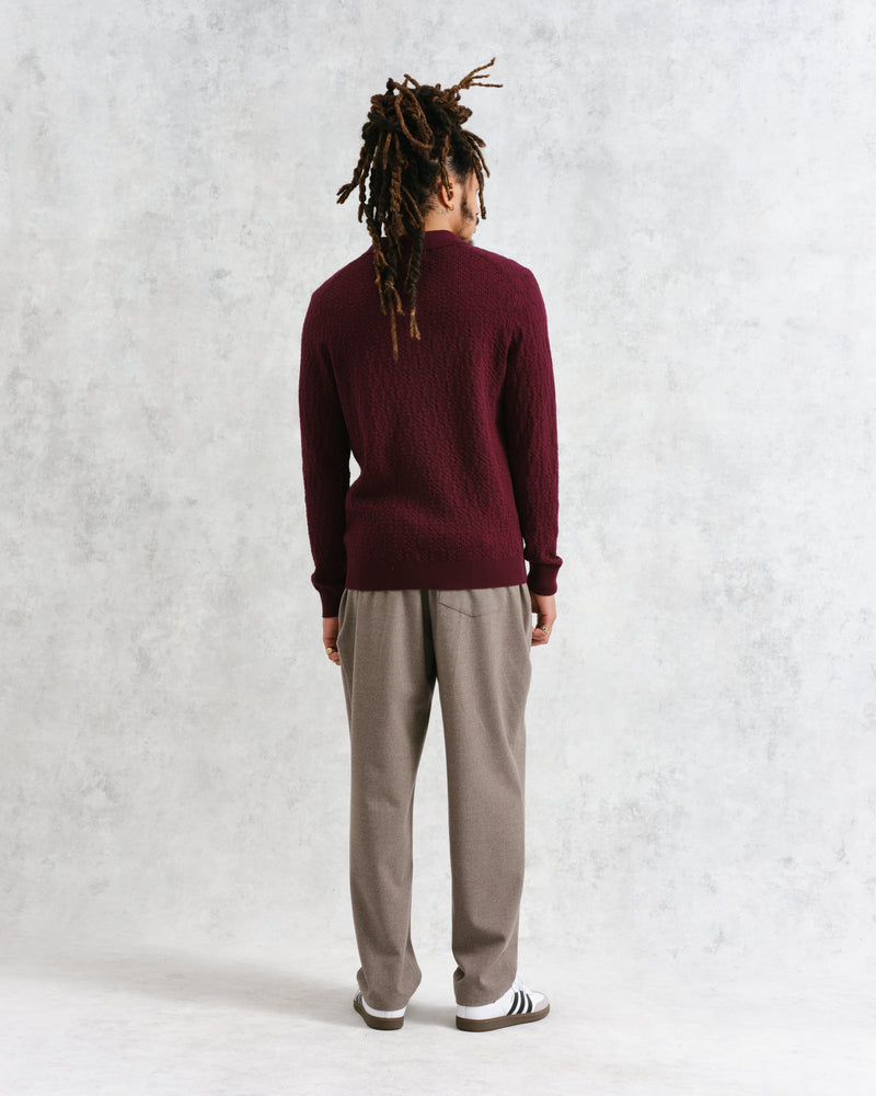 wax london Oban - Burgundy Textured-Check Knitted Long Sleeve Polo Shirt