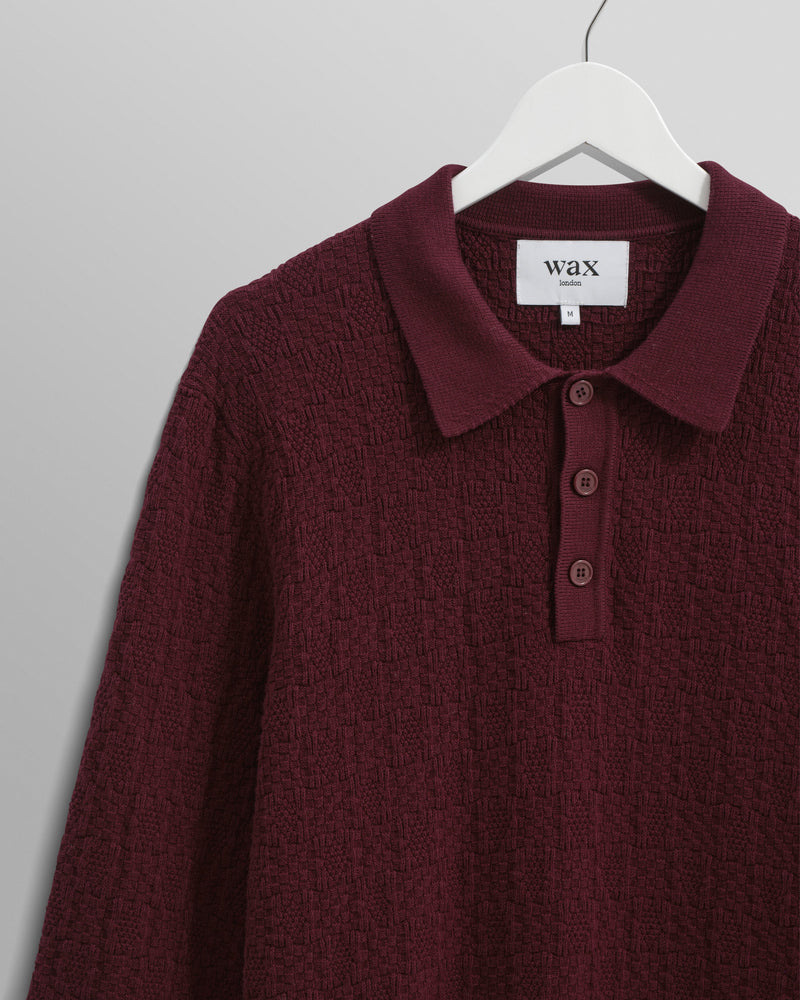 wax london Oban - Burgundy Textured-Check Knitted Long Sleeve Polo Shirt