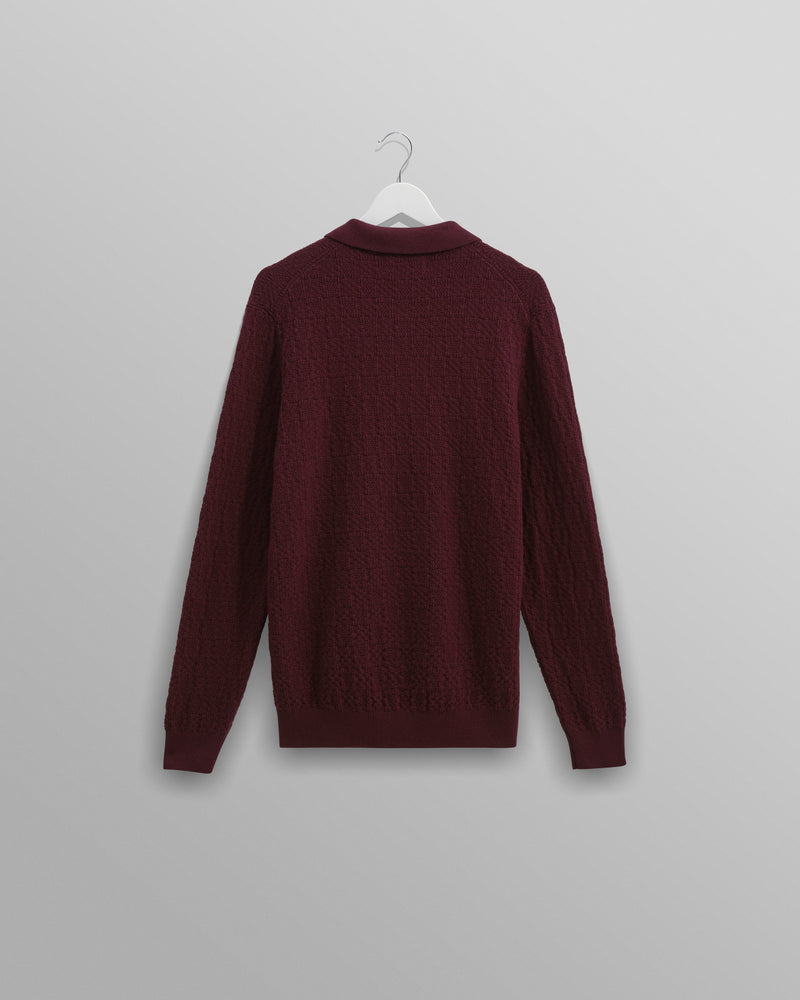 wax london Oban - Burgundy Textured-Check Knitted Long Sleeve Polo Shirt